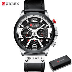 Military Leather Chronograph Wristwatch - Stylish Men's Fashion Accessory Silver Black-Box