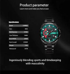 CURREN Stainless Steel Watches for Mens Creative Fashion Luminous Dial with Chronograph Clock Male Casual Wristwatches