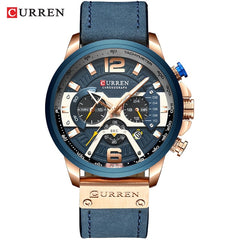 Military Leather Chronograph Wristwatch - Stylish Men's Fashion Accessory Rose Blue Watch