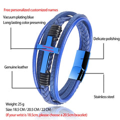 Men's Chakra Bracelet - Stainless Steel Leather Charm, Trendy Punk Style Blue 22cm