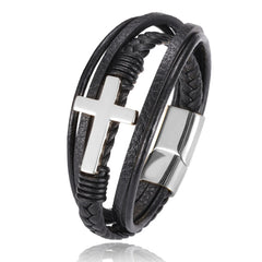 Men's Chakra Bracelet - Stainless Steel Leather Charm, Trendy Punk Style Silver 22cm