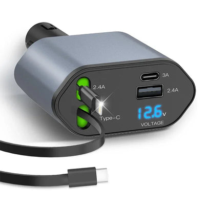 Upgraded 4 in 1 Retractable Car Charger 120W Super Fast Car Phone Charger Adapter with Telescopic Cord for iPhone Sumsung Huawei