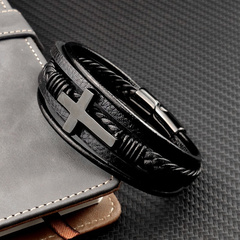 Men's Chakra Bracelet - Stainless Steel Leather Charm, Trendy Punk Style