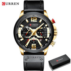 Military Leather Chronograph Wristwatch - Stylish Men's Fashion Accessory Gold Black-Box
