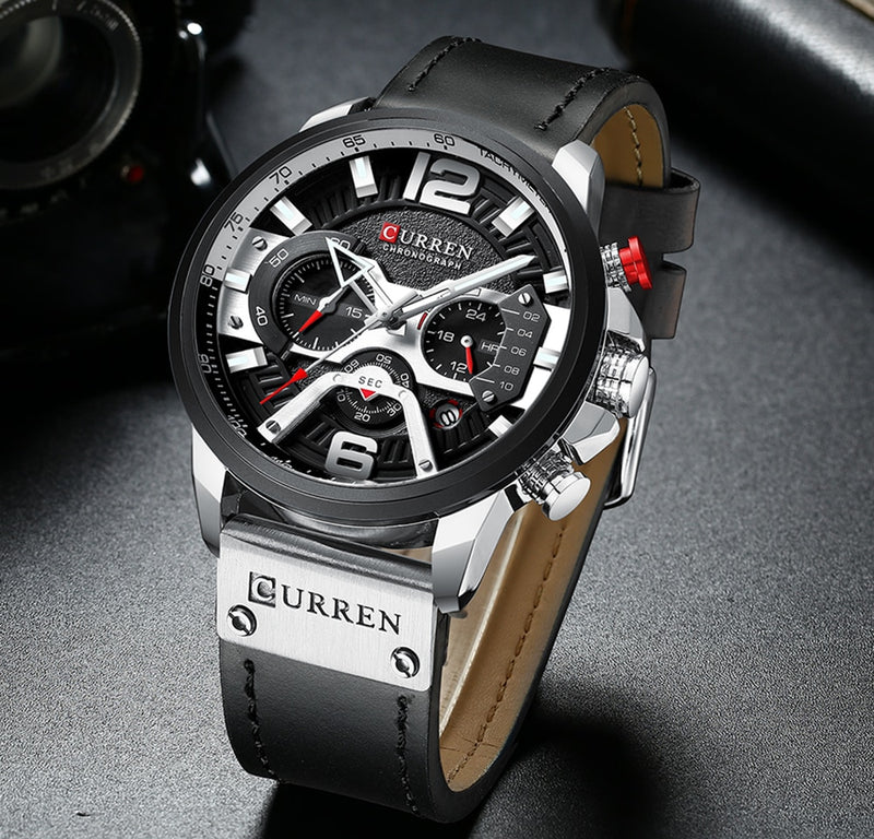 Military Leather Chronograph Wristwatch - Stylish Men's Fashion Accessory
