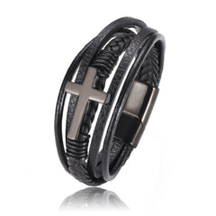 Men's Chakra Bracelet - Stainless Steel Leather Charm, Trendy Punk Style Black 20.5cm