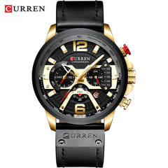 Military Leather Chronograph Wristwatch - Stylish Men's Fashion Accessory Gold Black Watch
