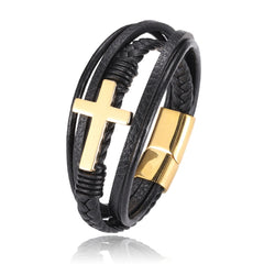 Men's Chakra Bracelet - Stainless Steel Leather Charm, Trendy Punk Style Gold 22cm