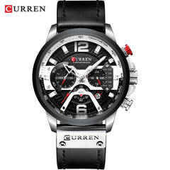 Military Leather Chronograph Wristwatch - Stylish Men's Fashion Accessory Silver Black Watch