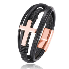 Men's Chakra Bracelet - Stainless Steel Leather Charm, Trendy Punk Style Rose Gold 22cm