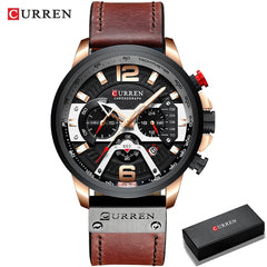 Military Leather Chronograph Wristwatch - Stylish Men's Fashion Accessory Rose Black-Box